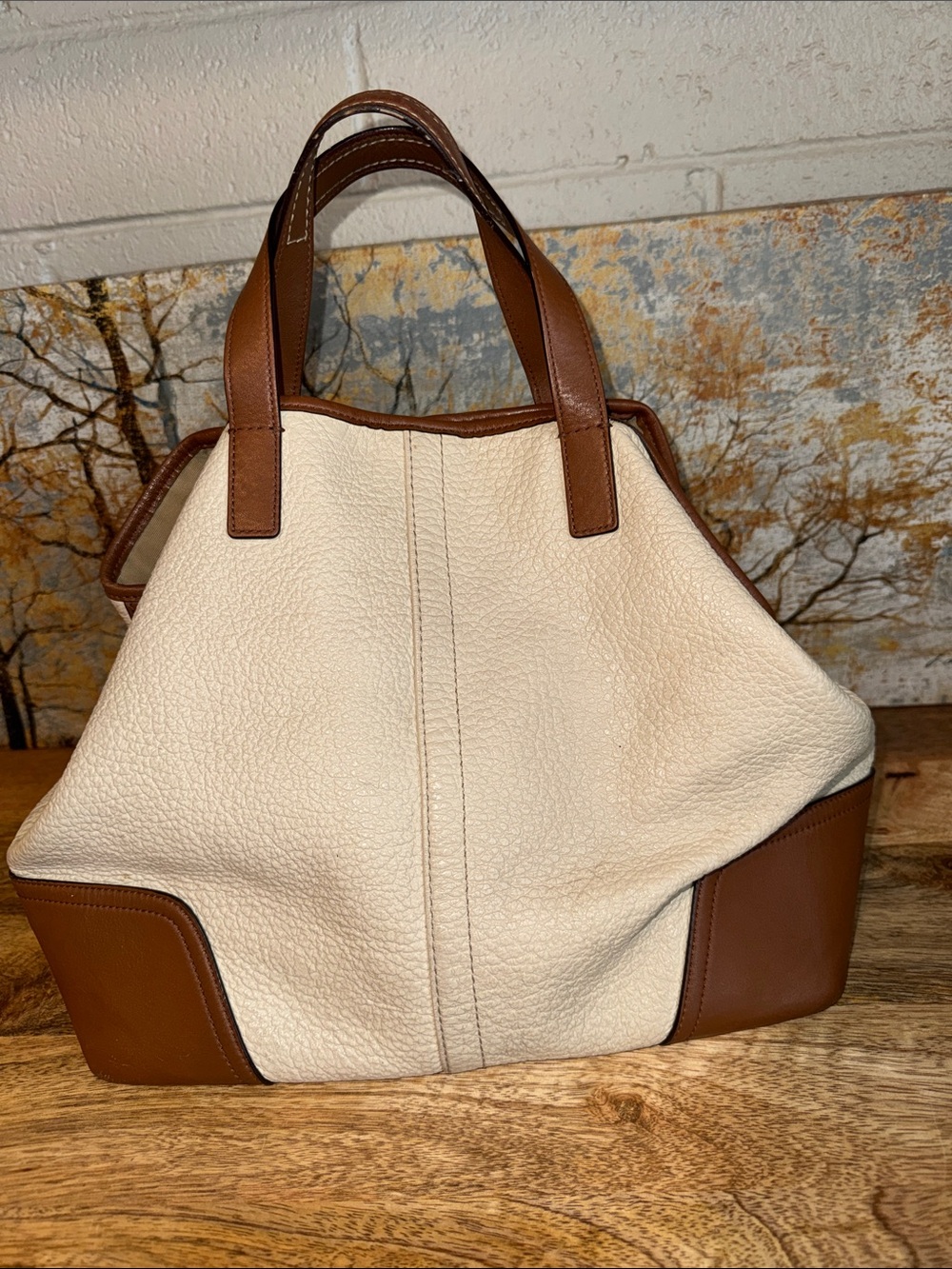 Cream and Brown Coach Pebble Leather Tote Bag - Classic Women's Handbag